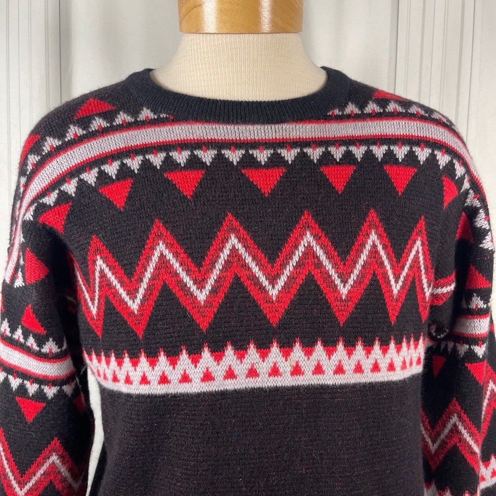 Vintage 80's PROFILE 100% Wool Sweater • Black Red Nordic Ski Geometric Knit • L - Picture 3 of 14